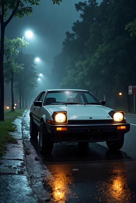 make a AE86 sprinter treuno parked on the side of the road in the rain, the car has a lot of rain water and its a stormy night and its a far view