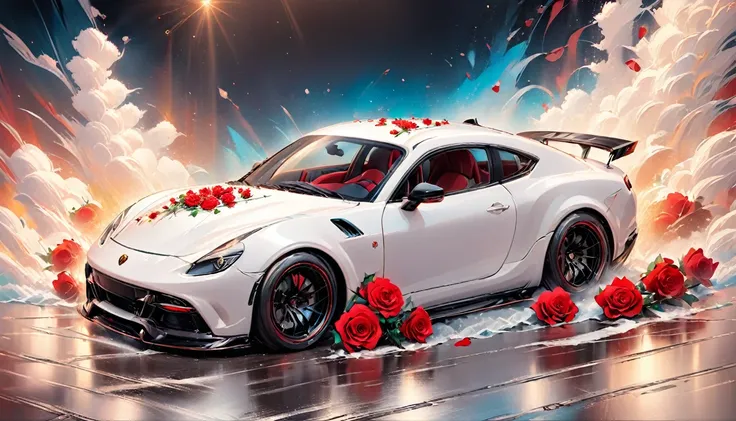 a picture of a (white sports car: 1.4) with (roses: 1.5) imprints on it, dynamic background, Ultra-high resolution, High Contrast, (masterpiece:1.5), highest quality, Best aesthetics), best details, best quality, highres, 16k, (ultra detailed: 1.5), master...