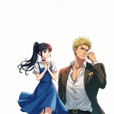 Two people, blond guy with brown eyes, Beautiful inflated body, a girl with long black hair pulled back in a ponytail and blue eyes, anime art, masterpiece, realistically