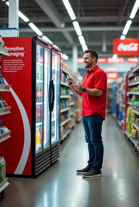 Inside Walmart, a man wearing a red shirt is advertising a refrigerator with Coca-Cola advertisements and installing the Rolllete app with a Coca-Cola discount.