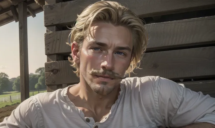 [((highly detailed, detailed eyes, detailed face, clear and realistic facial features, photorealistic, realistic light, cinematic)), ((((1 man)))), Mark is a gorgeous and alluring slender wiry male farmer father aged 45 with short blond hair and a neat mou...