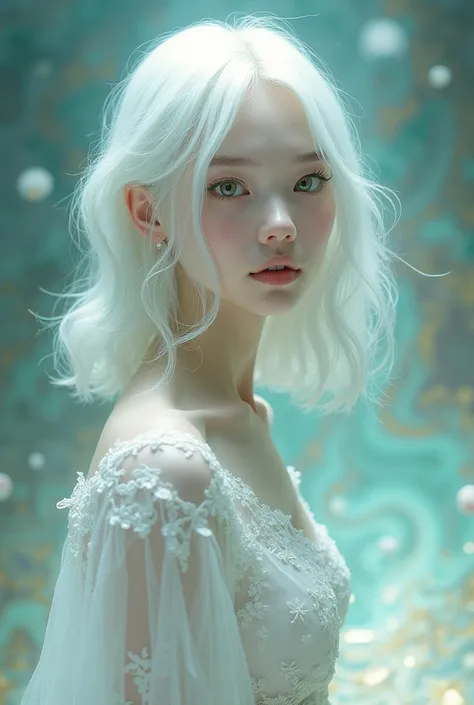 beautiful girl. white and flawless skin. White hair, long and semi-wavy. bicolor eyes, one gray and one green. surreal art