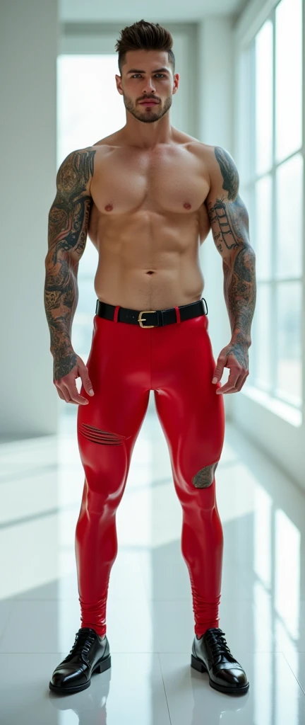 Fullbody standing picture of white skin Handsome muscular nude horny sexy gay man wearing skinny tight shiny red latex ripped tights, shiny black Disconnected Pompadour oiled hair style, blue eyes, shiny varnished black shoes, black belt, red lip, chain, t...