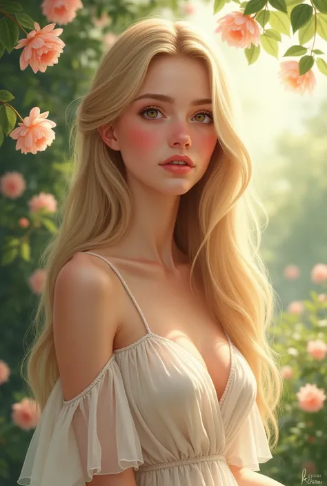 Semi-realistic drawing of a young woman with a sweet and delicate appearance, blonde, Long straight hair, big, sweet amber eyes, blushing cheeks. Fragile and feminine in appearance, with a nice elegant and delicate dress 