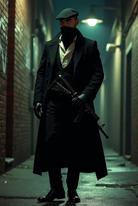 A man with a beret, green eyes, a scarf covering his face, a tuxedo, a trench coat over the tuxedo, boots with metal tips, leather gloves, all in black, and a Thompson with a drum magazine in his hand.