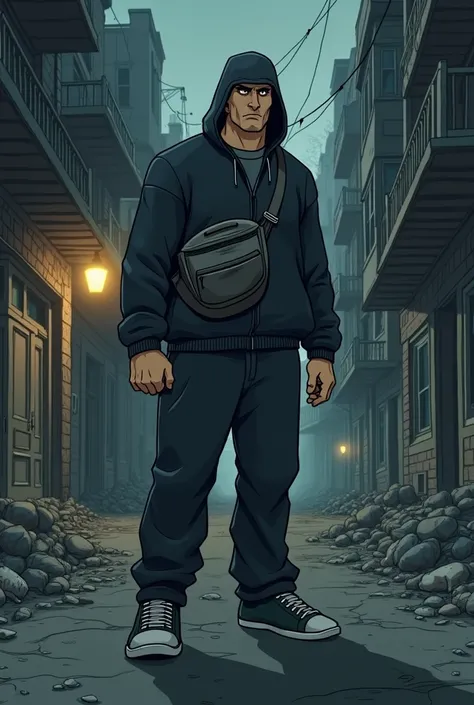 A picture in an empty, dirty big city where a darkly dressed dangerous man is seen with a sports bag and a cap., a jogging suit and a fanny pack in family guy style