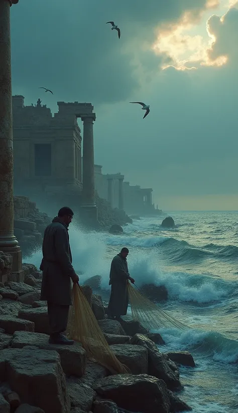 Ultra-realistic image in 8k " a picture of fishermen in the ruins of Tyre which became a place where fishermen spread their nets, exactly as predicted.". The scene is dominated by a dark and cloudy sky, with the light of twilight illuminating the devastati...