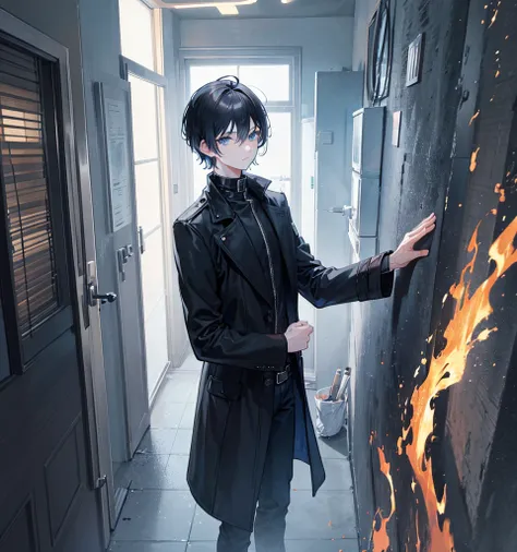 1man, short black hair, blue eyes, wearing a black coat, black jeans, in a house house, fire from hand, absurdres, high res, ultrasharp, 8K, masterpiece, looking at viewer