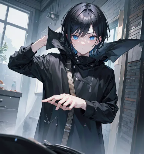 1man, short black hair, blue eyes, wearing a black coat, black jeans, in a house house, fire from hand, absurdres, high res, ultrasharp, 8K, masterpiece, looking at viewer