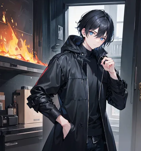 1man, short black hair, blue eyes, wearing a black coat, black jeans, in a house house, fire from hand, absurdres, high res, ultrasharp, 8K, masterpiece, looking at viewer