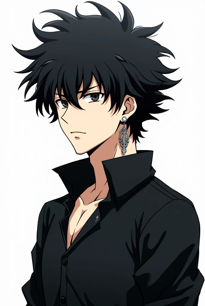 A man with big black hair, CNP style, with a black shirt,  She wears earrings and shes serious, character as if it were anime, white background.