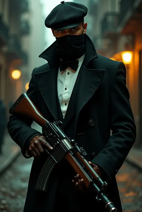 A man with a beret, green eyes, a scarf covering his face, a tuxedo, a trench coat over the tuxedo, boots with metal tips, leather gloves, all black, and a Thompson submachine gun with a drum magazine in his hand.