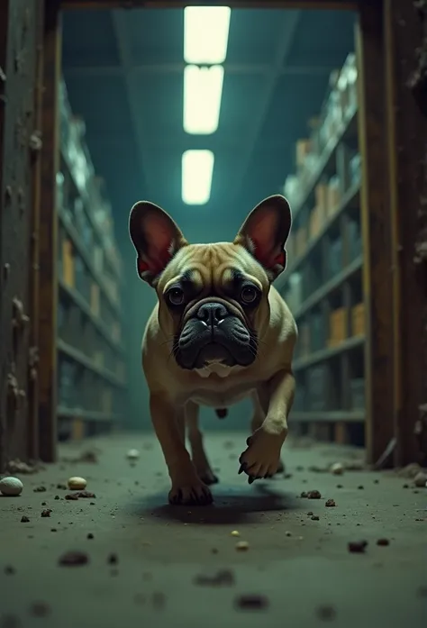 close up of a Frenchie bulldog running into a warehouse, nightmare 