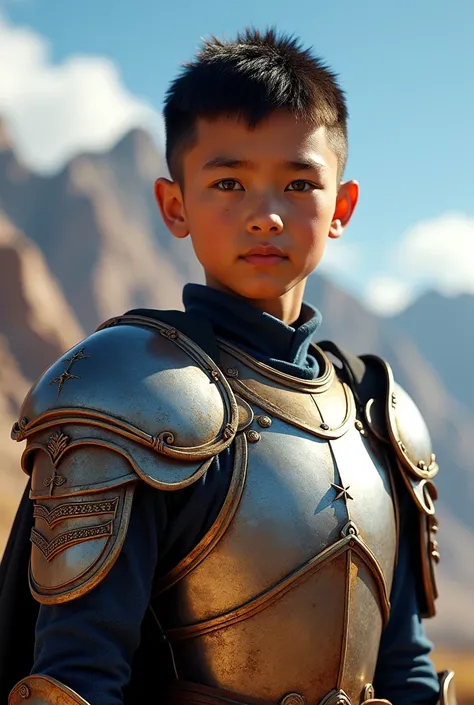 (photorealism:1.2), handsome and masculine boy, short hair, with brown eyes, tez morena, tall and strong, with armor 