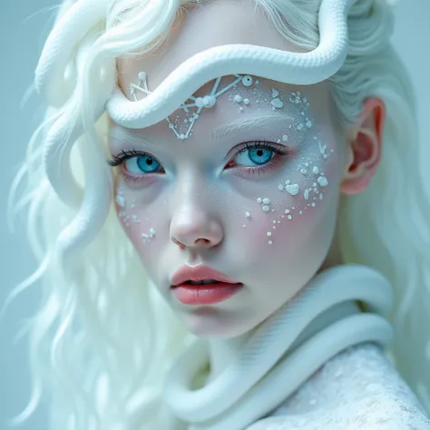 girl, focus on the face, professional photography, futuristic white makeup with geometry and mechanism, an albino girl with blue eyes, white skin, white hair, white snakes around the face from the head, cyberpunk, mirror reflections, glare, lots of sequins...