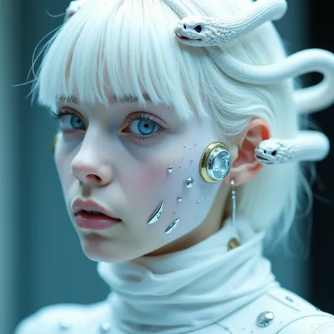 girl, focus on the face, professional photography, futuristic white makeup with geometry and mechanism, an albino girl with blue eyes, white skin, white hair, white snakes around the face from the head, cyberpunk, mirror reflections, glare, lots of sequins...