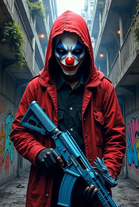 Red-hooded criminal with a clown mask holding a blue dragon-shaped AK47