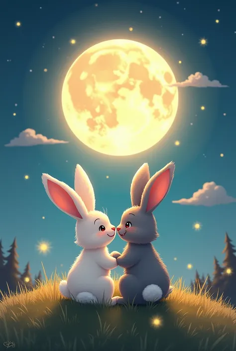 Two rabbits，Warm，Cartoon to enjoy the moon together