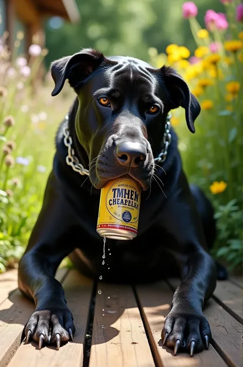 Black dog chained up, taking a can of beer 