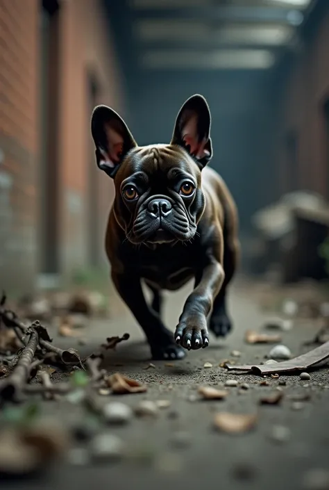 close up of a dark brown Frenchie bulldog running outside a warehouse, nightmare 