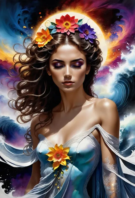 Digital art, Film quality, portrait, realistic art, Digital illustration, Vibrant colors, watercolor, oil paints, alcohol inks, combining the artistic styles of José Royo, David Hamilton, Karol Baks, Jim Lee, Frank Miller, Luis Royo, watercolor illustratio...