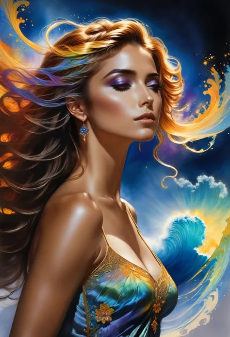 Digital art, Film quality, portrait, realistic art, Digital illustration, Vibrant colors, watercolor, oil paints, alcohol inks, combining the artistic styles of José Royo, David Hamilton, Karol Baks, Jim Lee, Frank Miller, Luis Royo, watercolor illustratio...