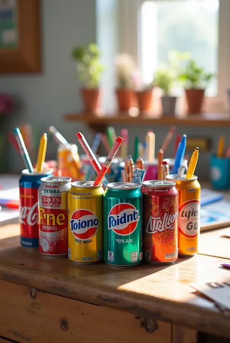 Pen organizer made with a soda can. I want 10 examples in the same image