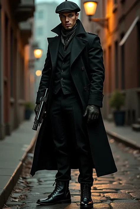 Man with a beret, green eyes, a bandana covering his face, a tuxedo, a trench coat over the tuxedo, boots with metal tips, leather gloves, all in black, and a Thompson machine gun with a drum magazine in his hand