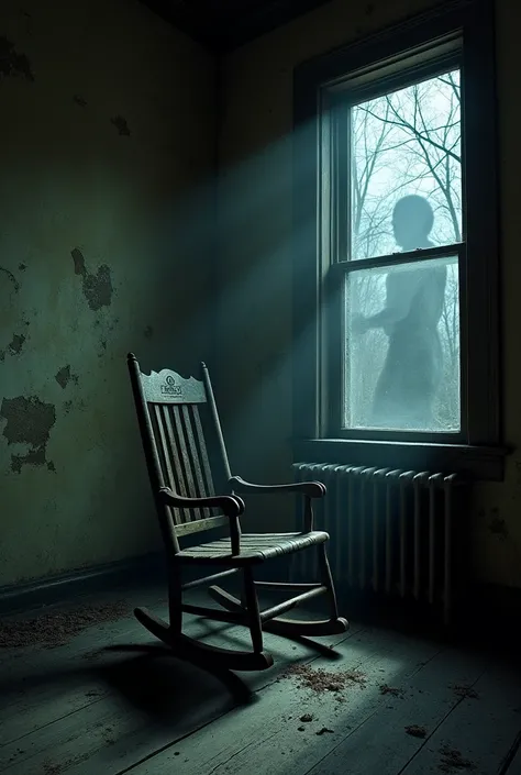 Create an image of a wooden rocking chair in an old, abandoned house on a very dark night.
