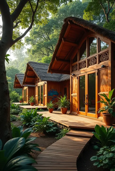 I need some images of hotel cabins, eco-friendly style based on Boruca culture, realistic
