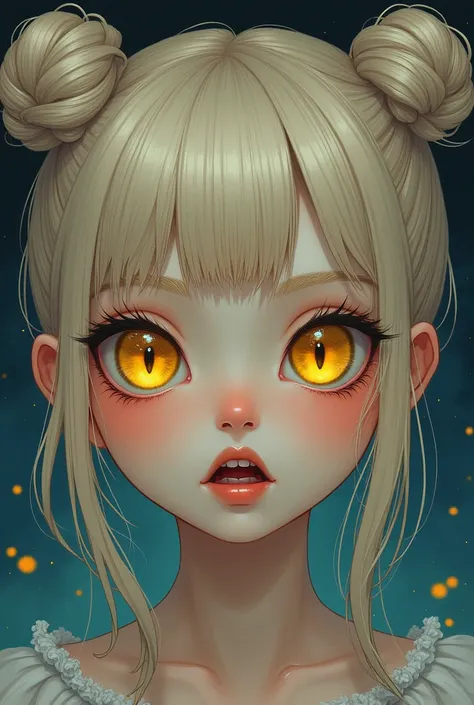 (masterpiece), best quality, expressive eyes, perfect face, 1girl, fair skin, pretty face, blush, yellow eyes, feline eyes, thin slit-shaped irises, wide mouth, pointed canines, longer canines, vampiric appearance, ash blonde hair, two buns, while straight...