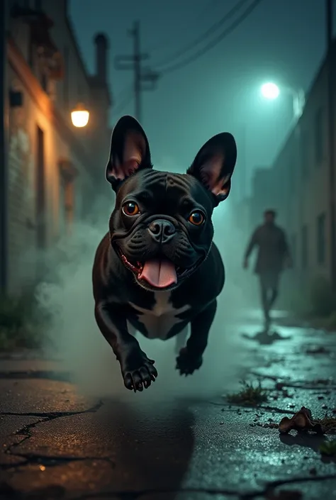 close up of a dark brown Frenchie bulldog with its tongue out running outside a warehouse at night, nightmare 