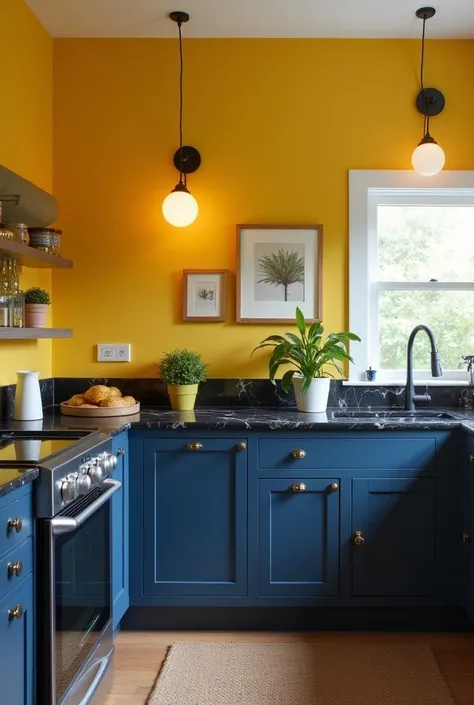 Kitchen with egg yolk yellow walls and navy blue base cabinets, Dark marble countertop and navy blue cabinets