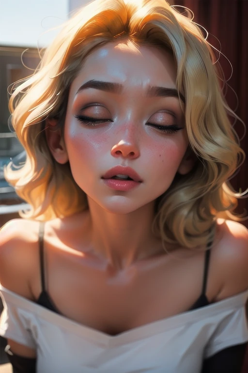 Sexy woman, blonde wavy hair, single braid, seductive eyes, intense gaze, mouth parted, deep blush, flustered, beautiful face, amazing makeup, off shoulder t shirt