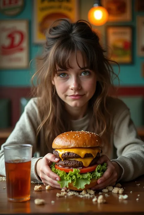 Realistic image of a person sitting at a table, hungry, looking at a hamburger 