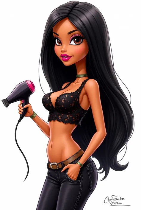 Bratz brunette long straight black hair, she has brown eyes
with very thick and red lips and she has many eyelashes and they are very long, wearing a black lace crop top. With wide hips and a little belly, and a comb and hair dryer in hand, standing lookin...