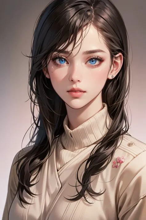 a girl with long straight gray black hair,beautiful detailed  blue eyes,beautiful detailed lips,extremely detailed face and features,pale Brown skin,yellow lips,wearing a pink sweater,photorealistic,masterpiece,extremely detailed,intricate detail,ultra-rea...