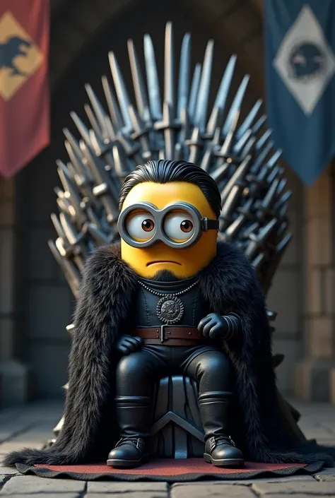 minion as john snow the king of north sitting on iron throne