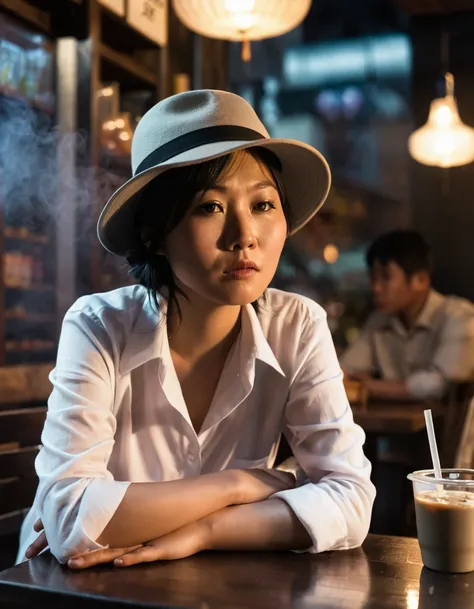 (((Smoke filled the air))), An Asian person sitting near a table in a dimly lit cafe, White shirt, Pay attention to her face, Grey hat