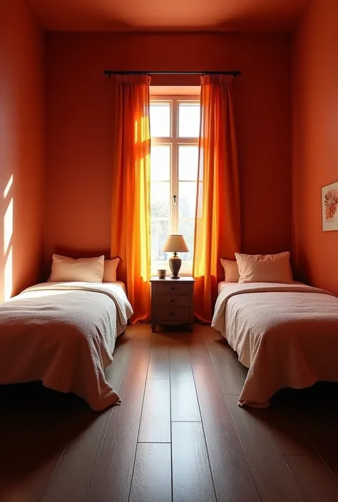 the large bedroom has 2 single beds, one on each wall. The bedroom wall has a red tone, the floor is made of dark wood, and there is a large window with orange curtains. There is a door that leads to the bathroom and next to the beds there is a nightstand ...