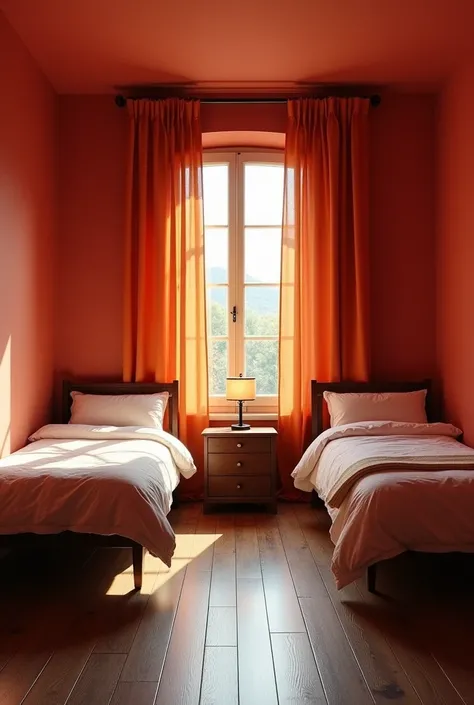 the large bedroom has 2 single beds, one on each wall. The bedroom wall has a red tone, the floor is made of dark wood, and there is a large window with orange curtains. There is a door that leads to the bathroom and next to the beds there is a nightstand ...