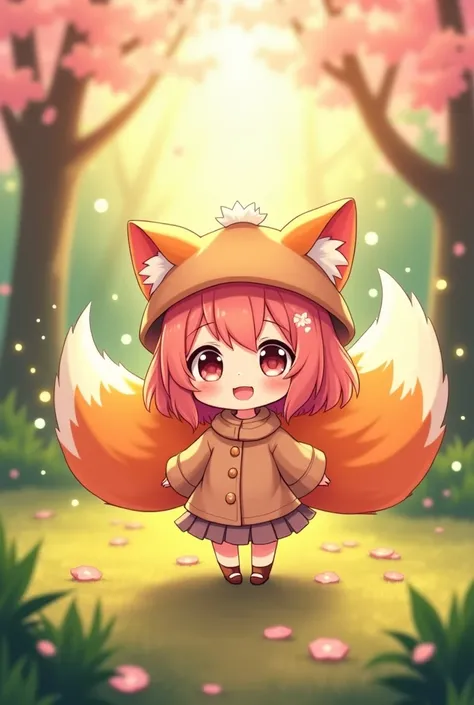 Chibi girl kitsune nine tails, pink hair and peach hat
