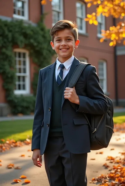 Student in uniform in front of the school 