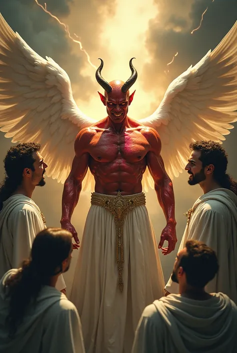 A demon surrounded by male angels. The angels are angry with the demon and the demon is not intimidated and is more radiant than everyone around him.