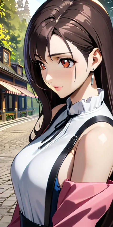 (((((tifa lockhart:1.5))))),((Highest quality、masterpiece、anime style、best quality、high resolution、8k、detailed、ultra-detailed:1.3))、Long legs:1.2, Beautiful woman with perfect figure:1.4、(Smiling:1.2), double eyelid、30-year-old female、((((One Woman,beautif...