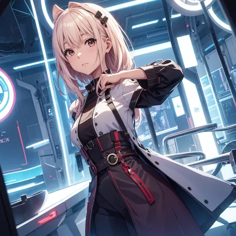 Make the character Chisato in a futuristic outfit in a social and luxurious setting..