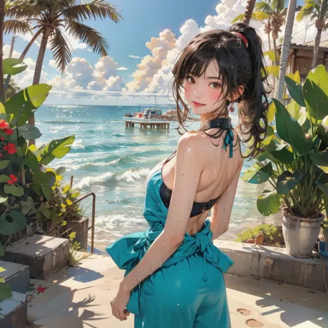 ((highest quality, masterpiece, High resolution)), ((reality)),Photos of beautiful Japanese women,((anime art))、 (((1 girl))), normal size breasts, slim body shape, long ponytail,double eyelid, Wet see-through micro bikini, A pareo with bold ethnic pattern...