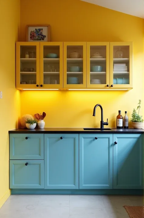 Kitchen with egg yolk walls, dark countertop, blue countertop, cabinets above the blue countertop and some of its doors made of frosted glass