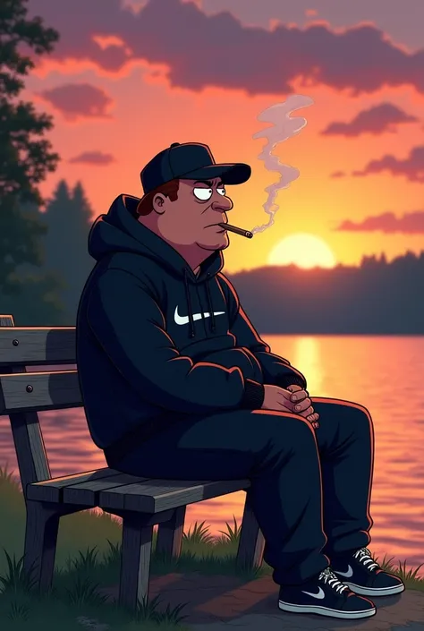 a man sitting calmly by the lake watching the sunset. The man looks dangerous and is wearing a cap, black Nike tracksuit and a black fanny pack.. Hes smoking a joint while sitting on a bench. Das bild ist im family guy stil