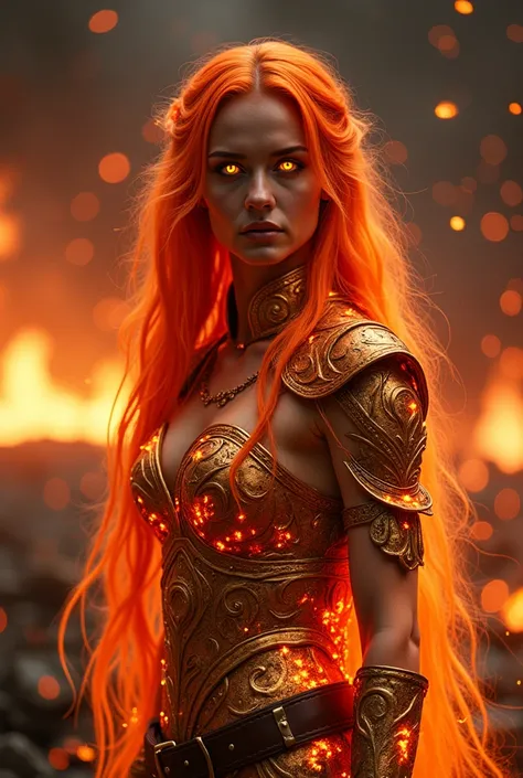 Woman with flaming hair, orange eyes , fire-colored armor .